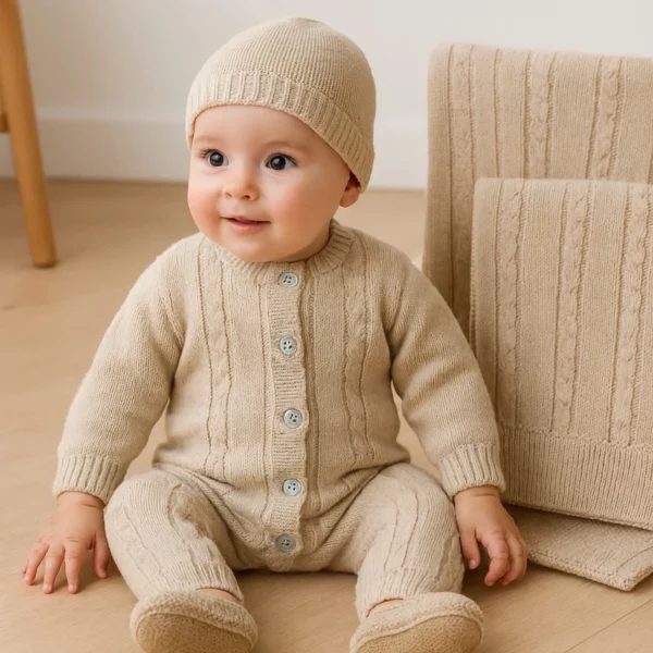 Bébé portant un ensemble tricoté beige Cotton Socks avec bonnet