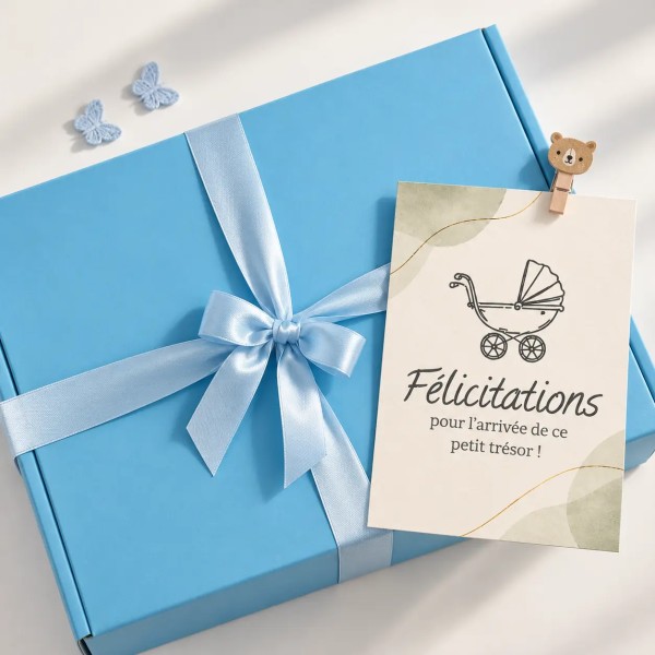 Boîte cadeau bleue fermée avec ruban et carte YllBox