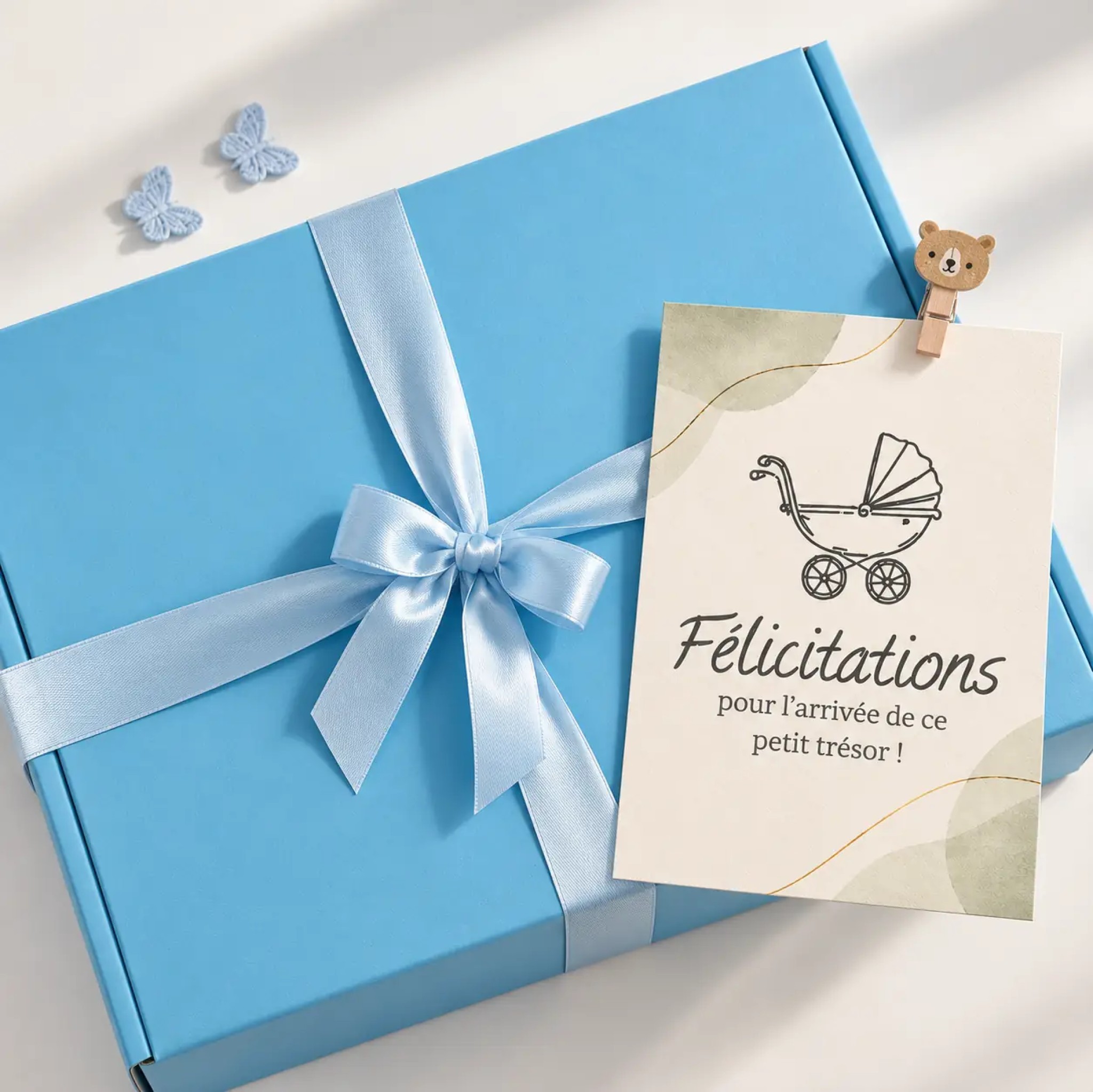 Boîte cadeau bleue fermée avec ruban et carte YllBox
