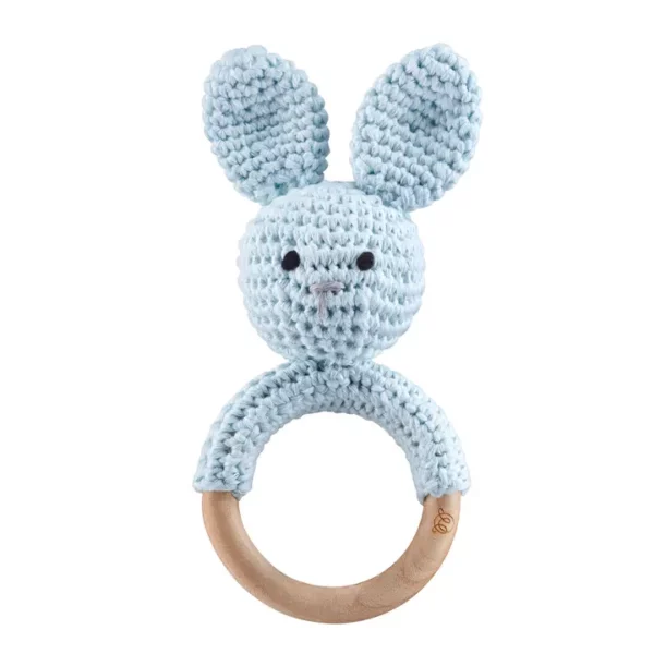 Hochet lapin Maylily bleu clair avec anneau en bois