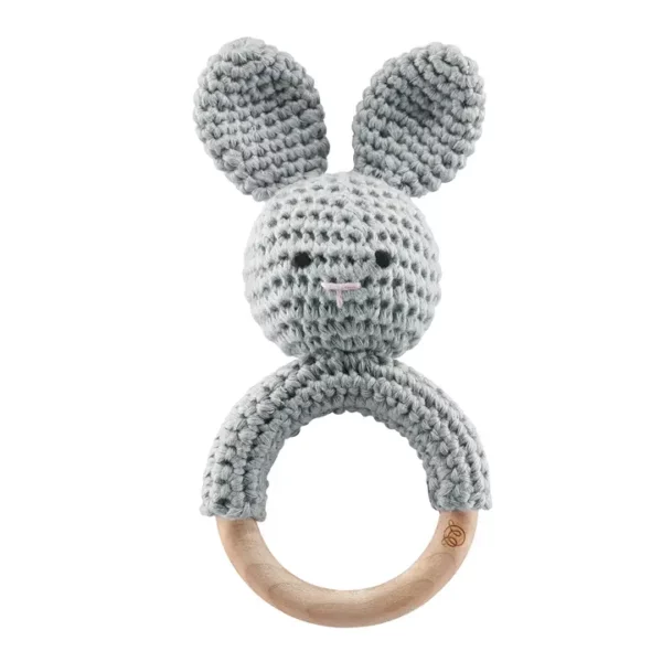 Hochet lapin Maylily gris avec anneau en bois