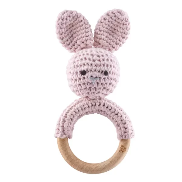 Hochet lapin Maylily rose poudré avec anneau en bois
