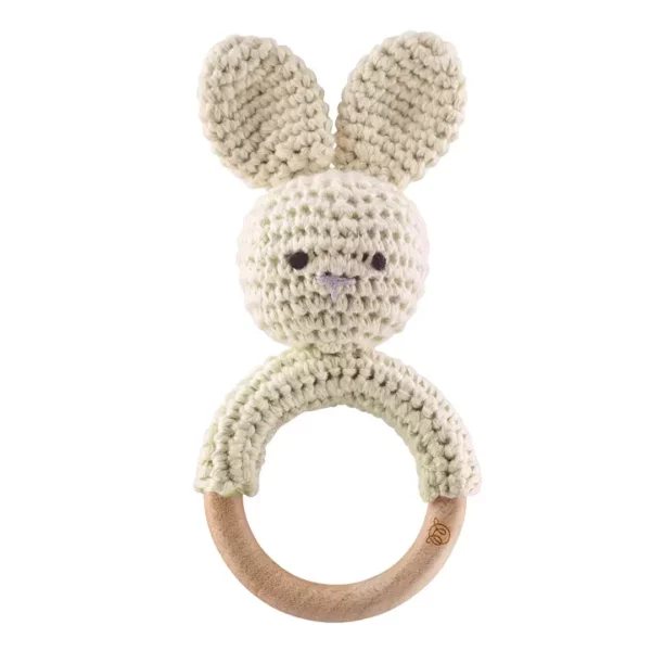 Hochet lapin Maylily crème avec anneau en bois