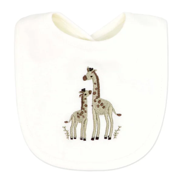 Bavoir bébé blanc avec motif girafe et bordure beige
