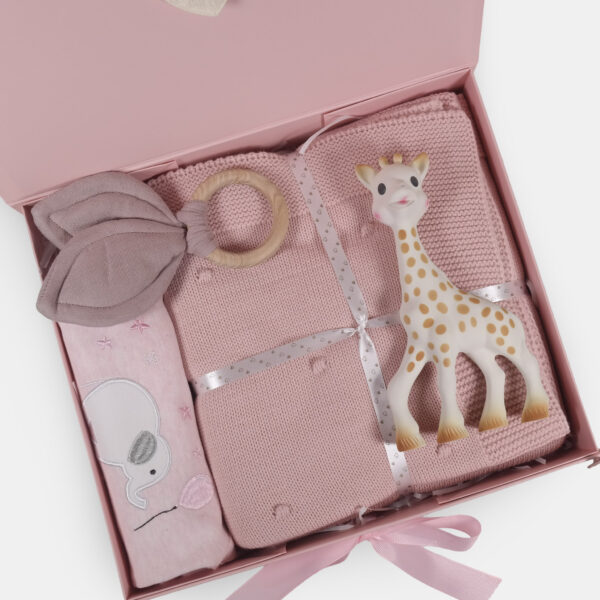 Coffret naissance rose avec vêtements et Sophie la girafe