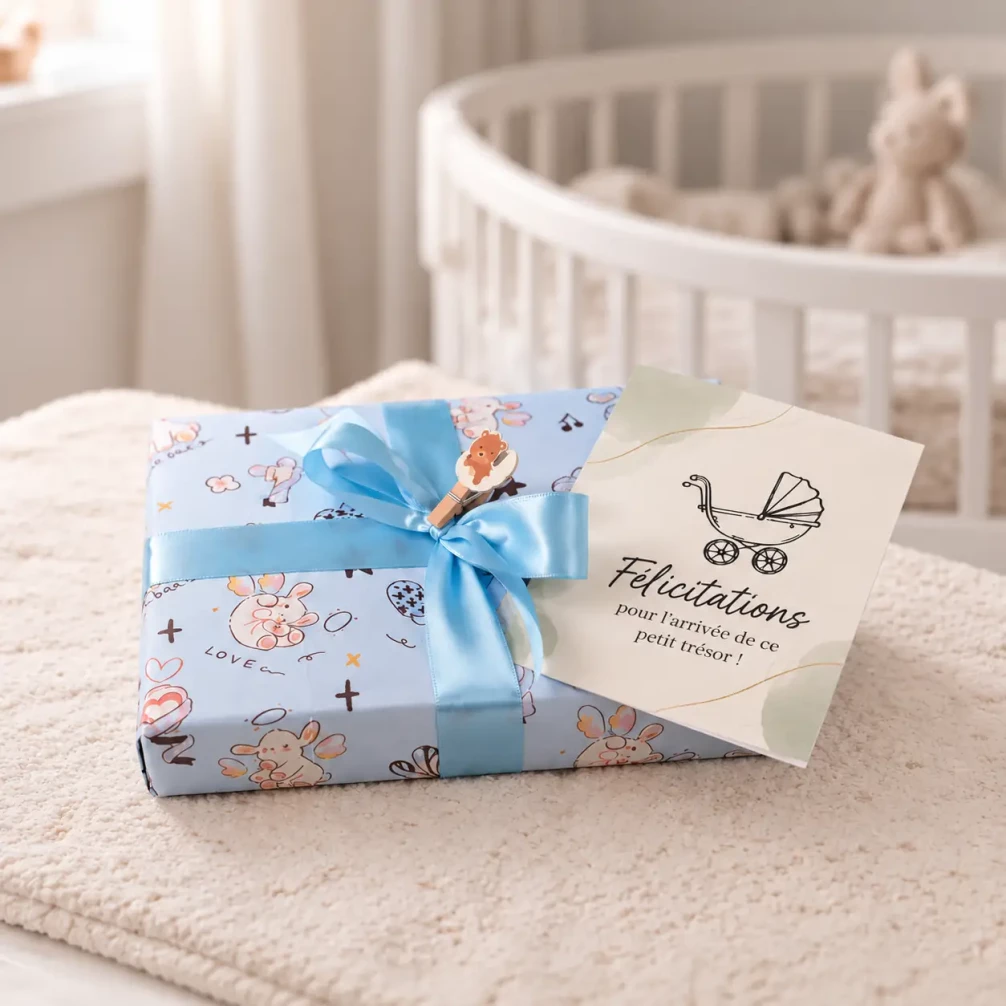 Coffret attache-sucette emballé avec ruban bleu et étiquettes YllBox