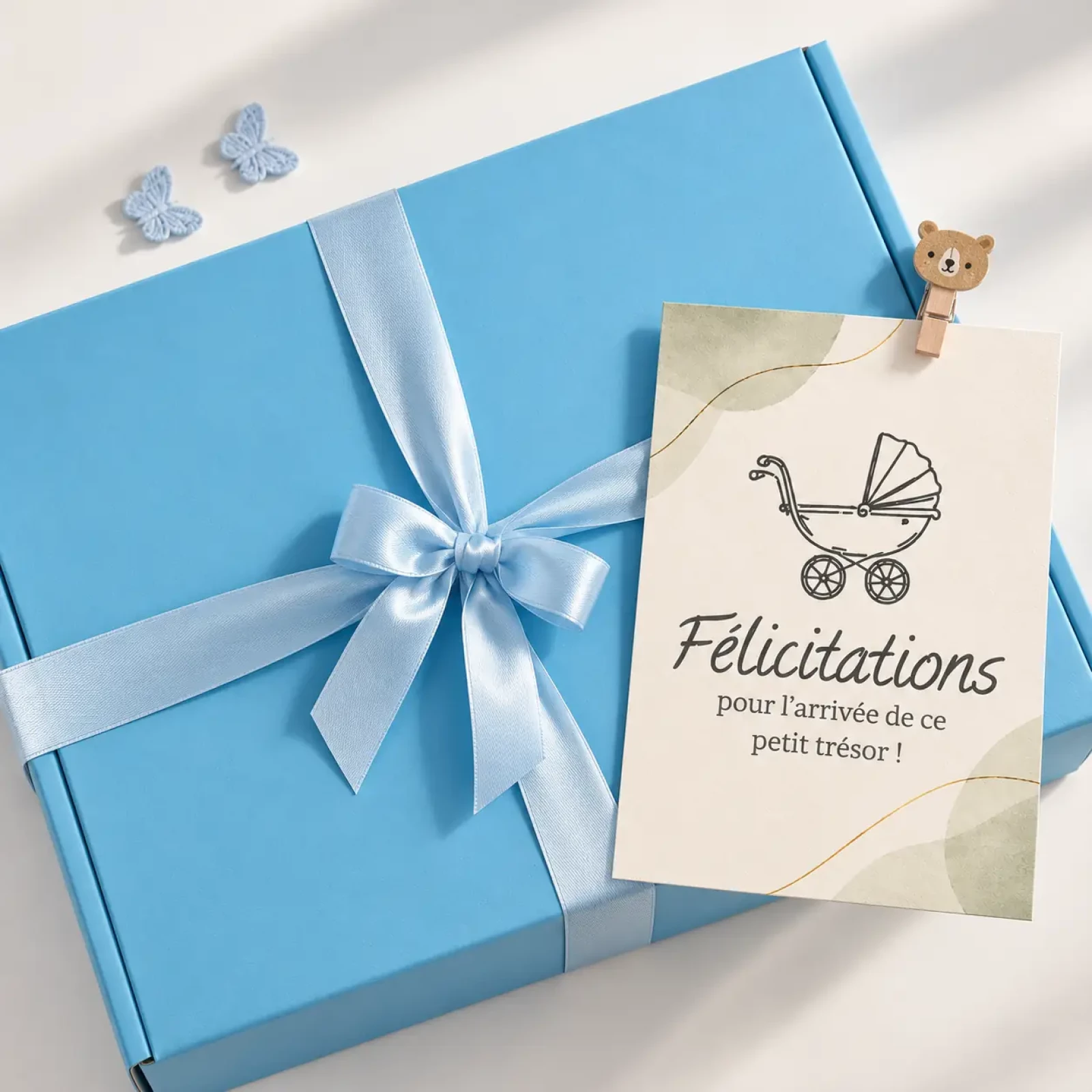 Boîte cadeau YllBox bleue fermée avec ruban et étiquette