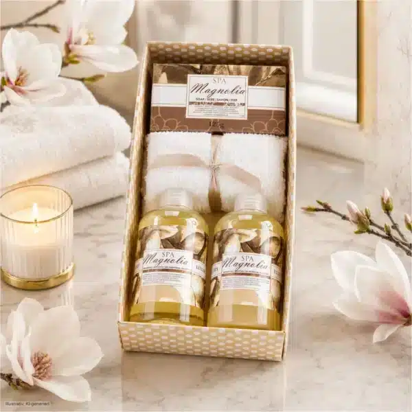 Coffret Magnolia Spa avec soins et serviette dans une boîte ouverte