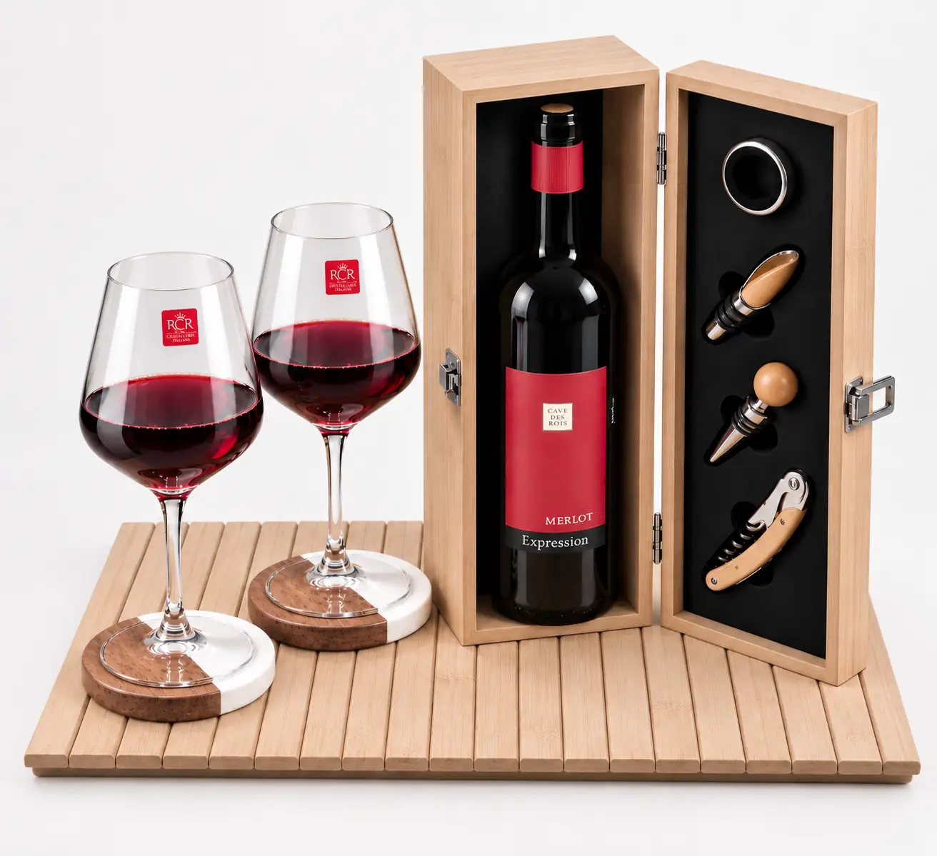 Coffret cadeau accessoires vin avec deux verres, sous-verres et boîte en bois — bouteille non incluse