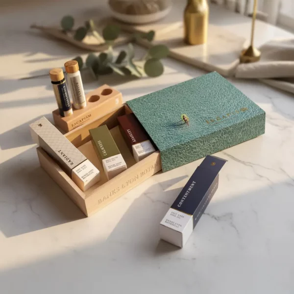 Coffret cadeau bien-être Escapism de Banks-Lyon Botanical avec boîte en bois et quatre soins de bain et du corps.