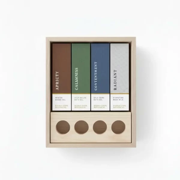 Coffret Escapism avec les soins Contentment, Apricity, Radiant et Calmness et leur support en bois.