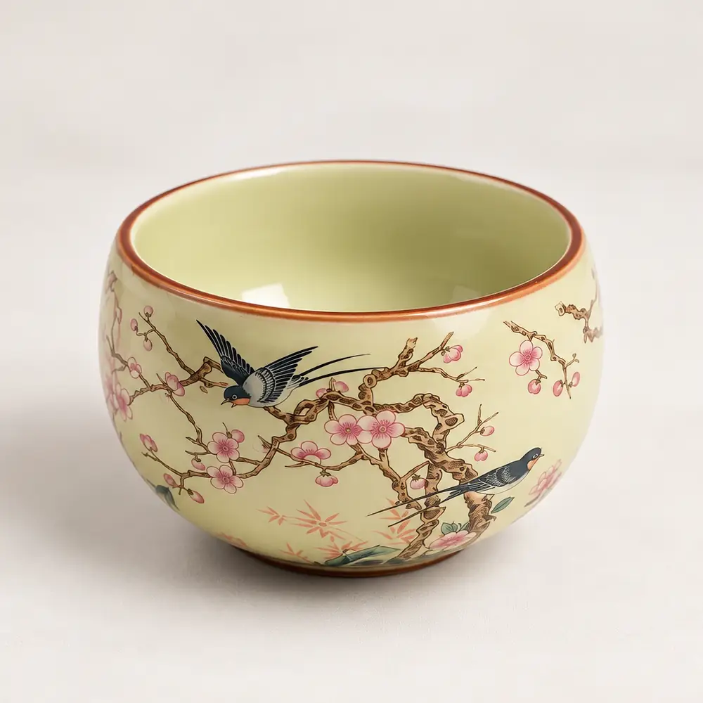Tasse en céramique aux motifs d’oiseaux et de branches fleuries.