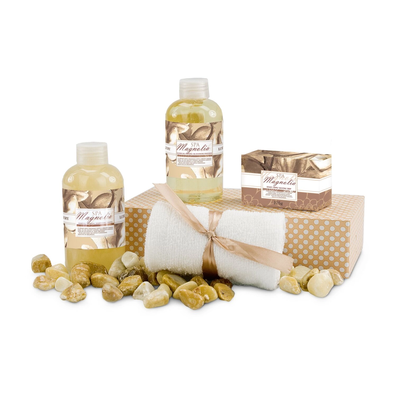 Ensemble de toilette Magnolia Spa présenté dans une boîte cadeau ouverte.