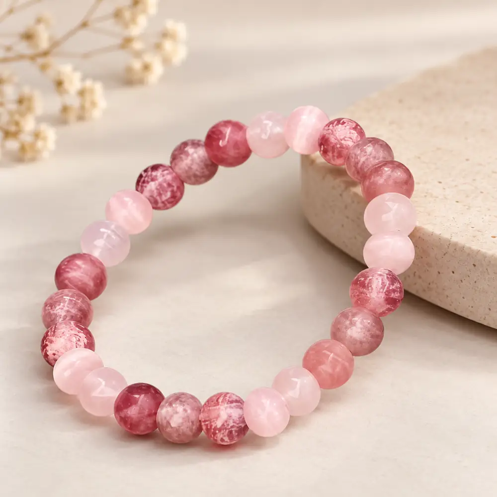 Bracelet à perles roses claires et foncées.