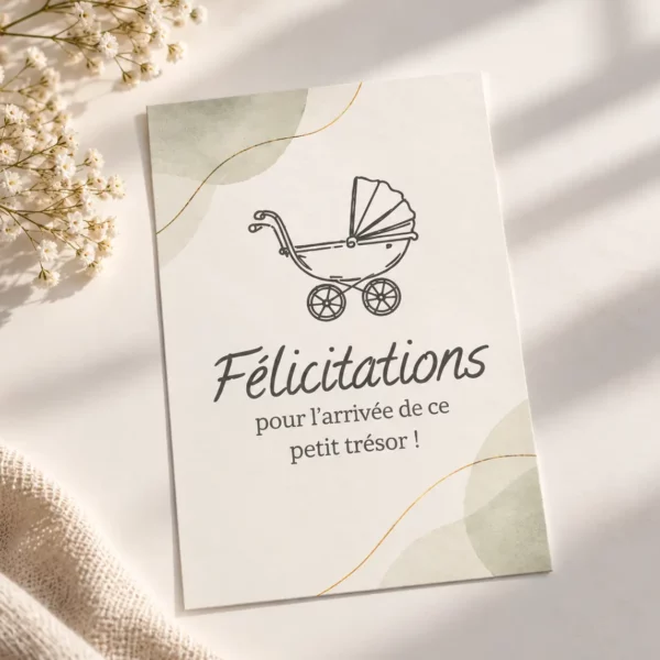 Recto de la carte de naissance YllBox avec landau et message de félicitations