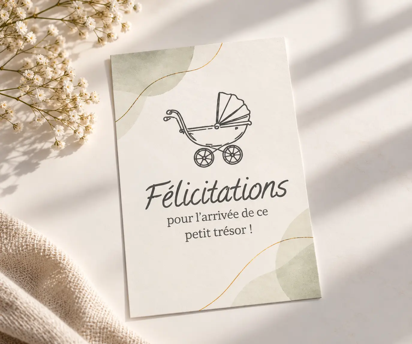 Recto de la carte de naissance YllBox avec landau et message de félicitations