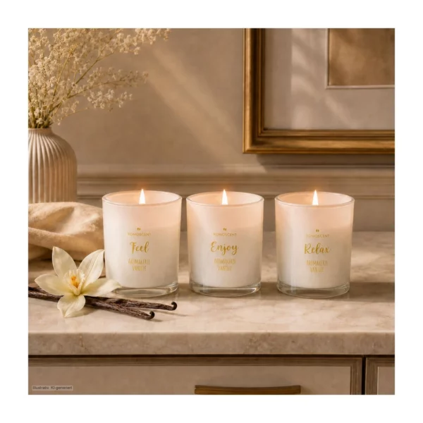 Trois bougies à la vanille ROMOSCENT allumées, présentées dans un décor chaleureux.