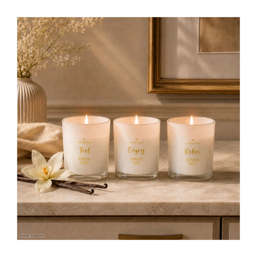 Trois bougies à la vanille ROMOSCENT allumées, présentées dans un décor chaleureux.