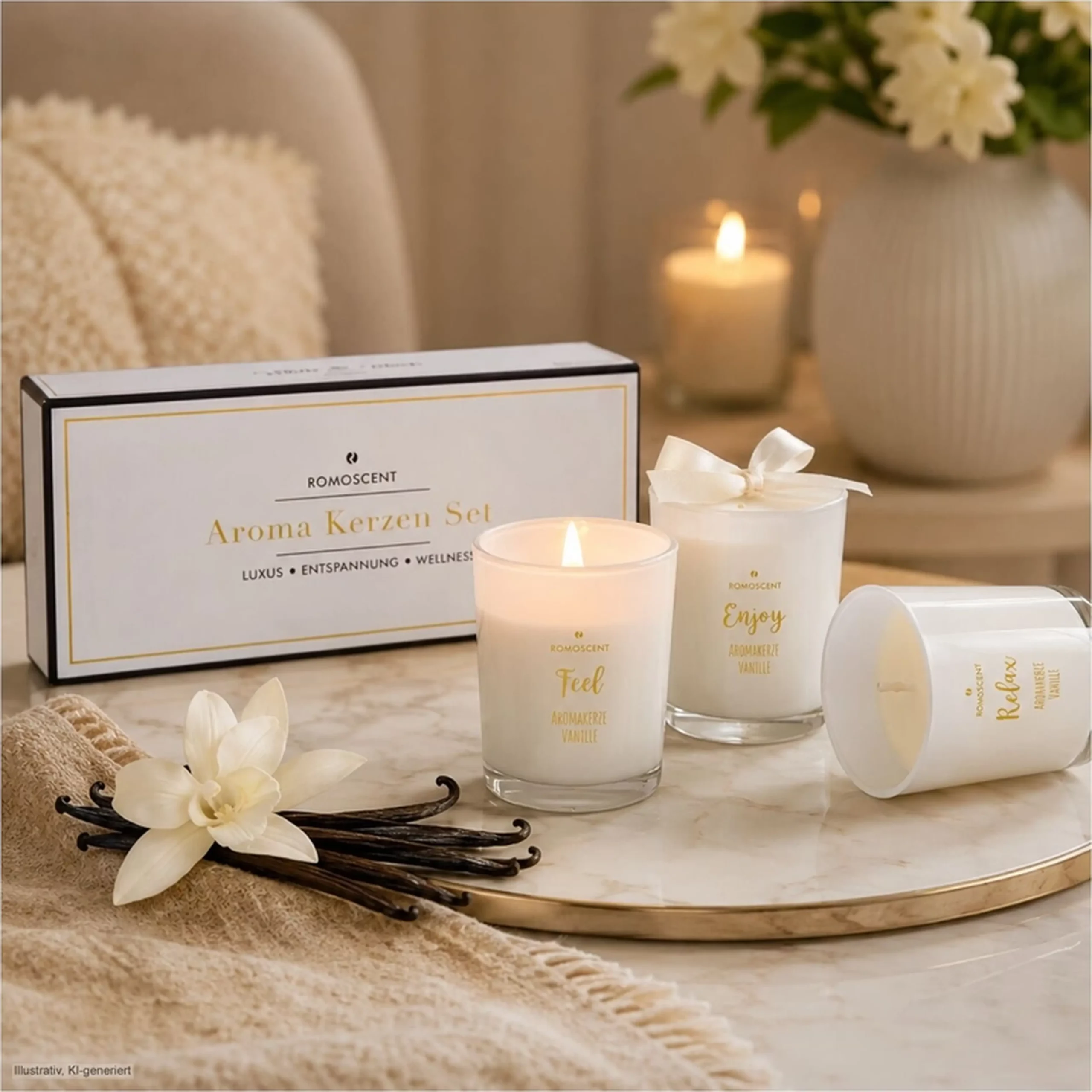 Trois bougies à la vanille et leur coffret dans un décor chaleureux
