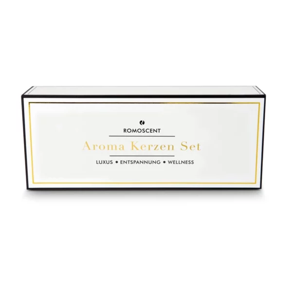 Boîte cadeau blanche ROMOSCENT fermée avec bordure et inscriptions dorées.