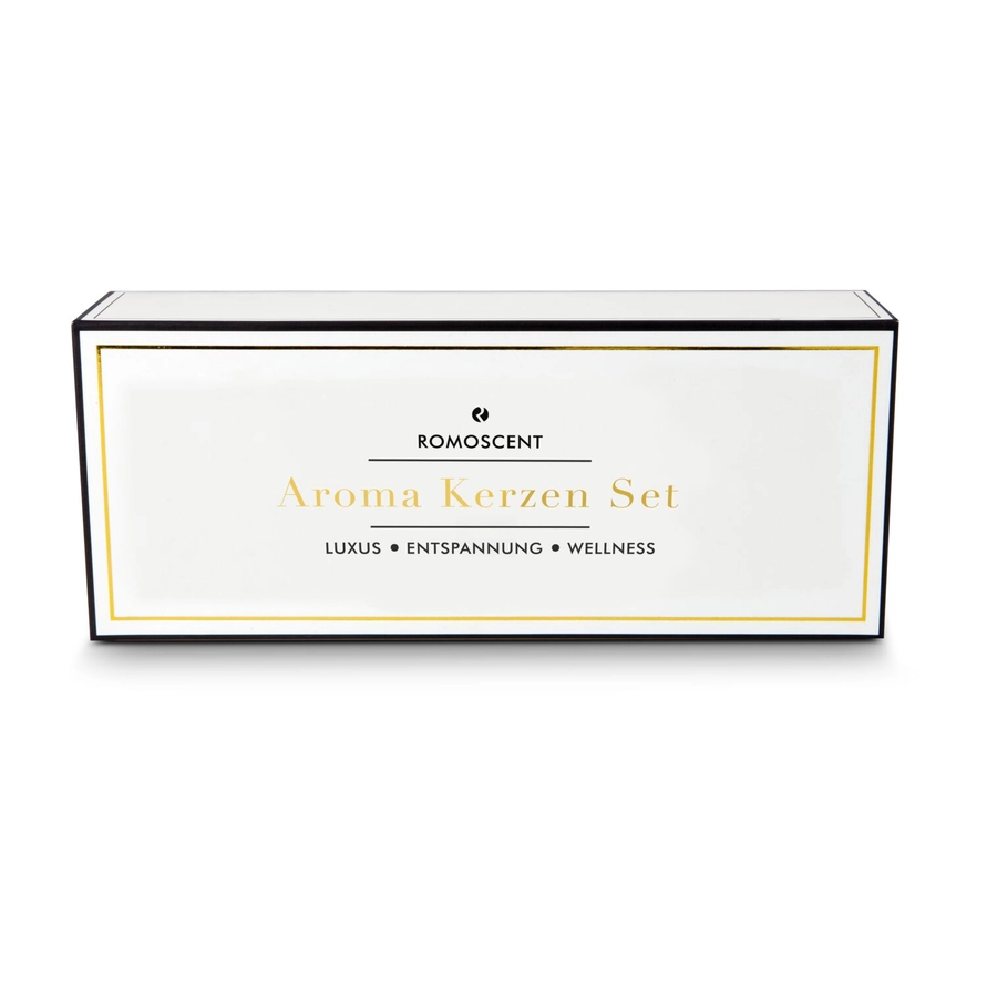 Boîte cadeau blanche ROMOSCENT fermée avec bordure et inscriptions dorées.