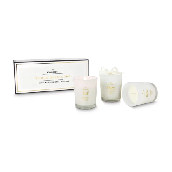 Boîte cadeau ROMOSCENT et trois bougies à la vanille dans des verres blancs aux inscriptions dorées, sur fond blanc.