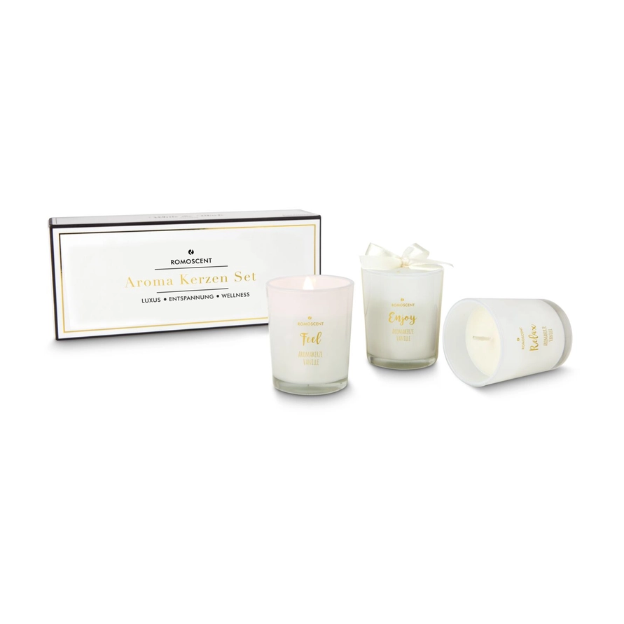 Boîte cadeau ROMOSCENT et trois bougies à la vanille dans des verres blancs aux inscriptions dorées, sur fond blanc.