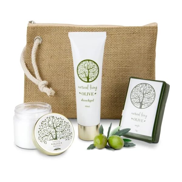 Coffret cadeau bien-être Natura à l’Olive avec gel douche, lotion pour le corps, savon et trousse en jute.