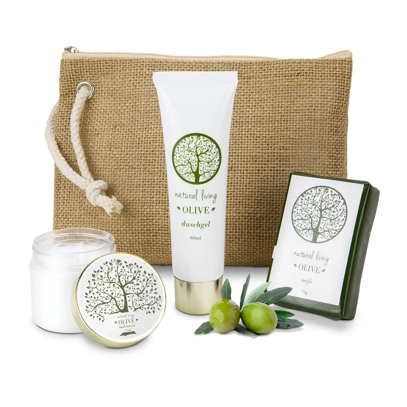 Coffret cadeau bien-être Natura à l’Olive avec gel douche, lotion pour le corps, savon et trousse en jute.