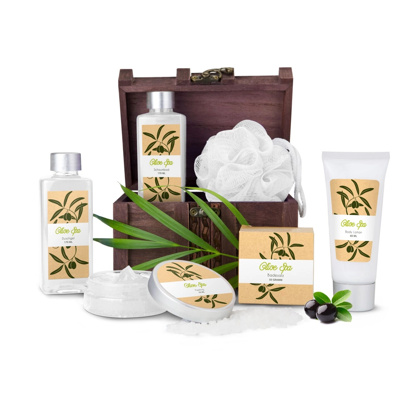 Coffret cadeau bien-être olive Trésor Olive Spa avec soins du corps dans un coffre décoratif réutilisable.