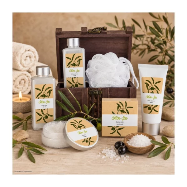 Coffret Olive Spa au parfum d'olive, avec produits de toilette et accessoire de bain.