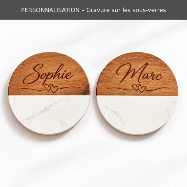 Deux sous-verres en marbre et bois d’acacia avec personnalisation par gravure