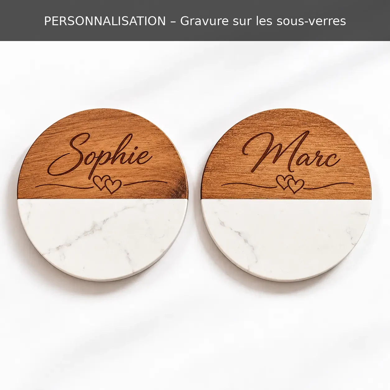 Deux sous-verres en marbre et bois d’acacia avec personnalisation par gravure