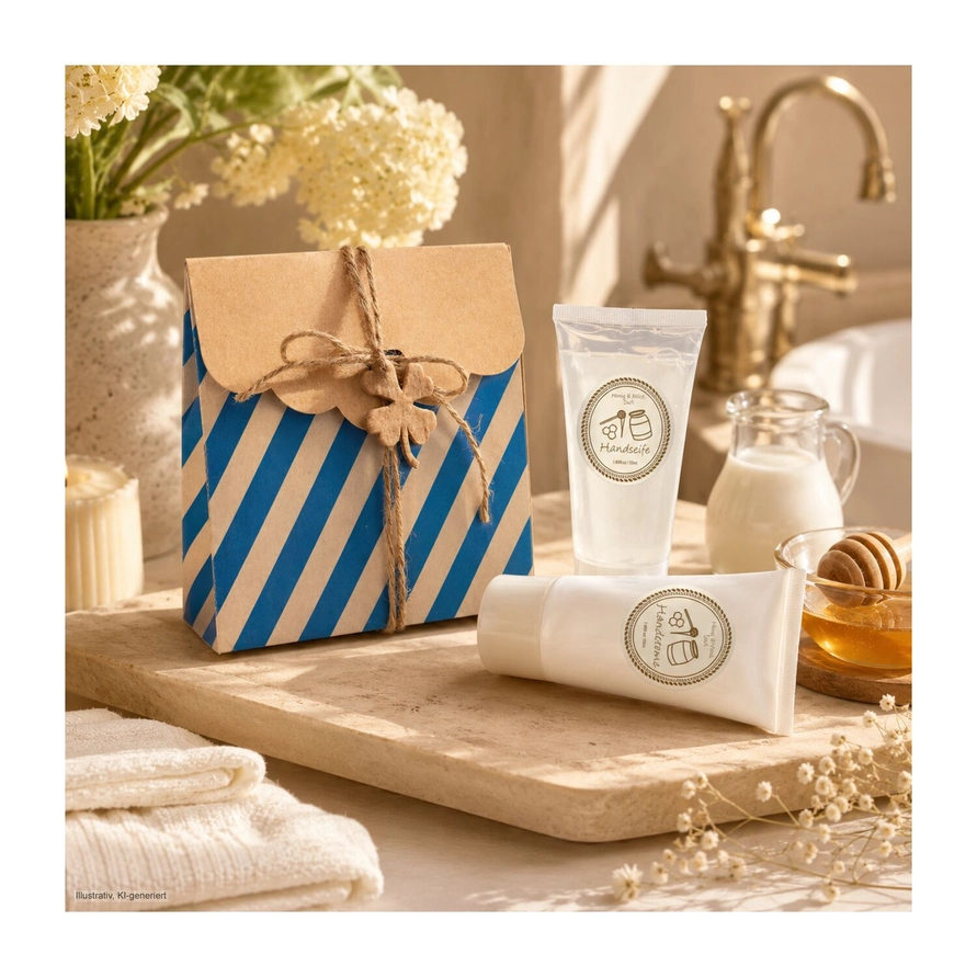 Duo de soins des mains lait et miel avec sachet cadeau présenté au bord d’un lavabo.