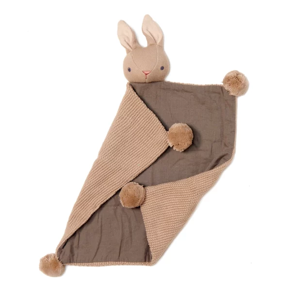Doudou lapin Baby Threads en coton biologique taupe et gris, avec pompons.