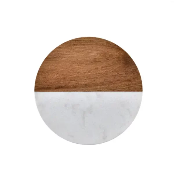 Sous-verre rond en marbre blanc et bois d’acacia pour coffret dégustation vin