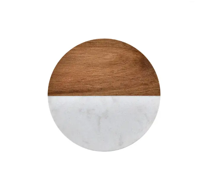 Sous-verre rond en marbre blanc et bois d’acacia pour coffret dégustation vin