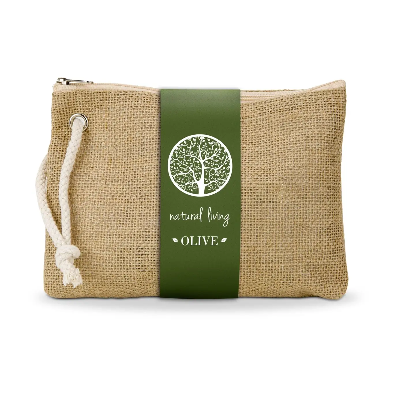 Trousse en jute Natura Olive avec son bandeau de présentation.